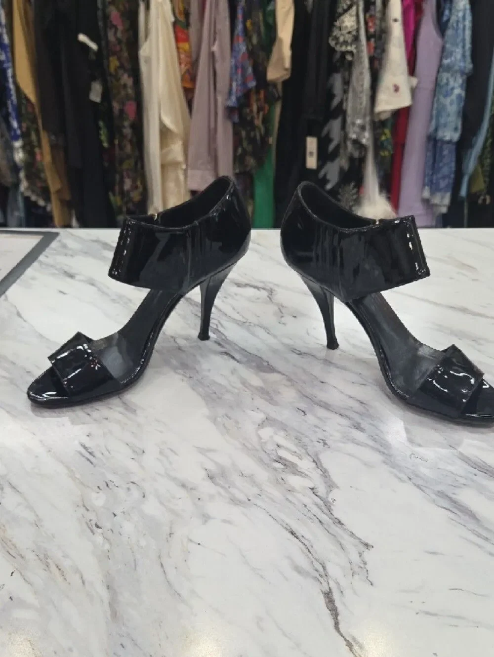Gucci Black Patent Leather Stiletto Heels with Gold Zip Accent